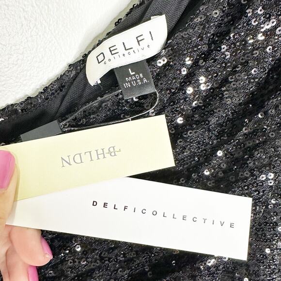 Delfi Collective Womens Sequin Solie One-Shoulder Dress Side Slit Black L NEW - Picture 7 of 9
